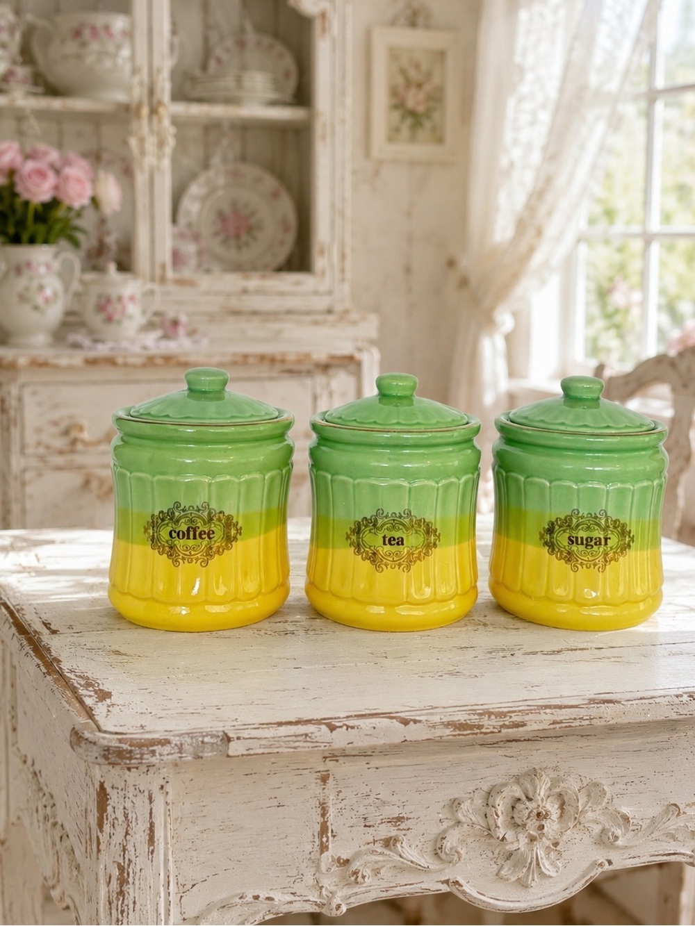 Vintage Cottagecore Green Ombre Ceramic Canister Set - Coffee Tea Sugar